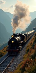 Fototapeta premium A majestic steam locomotive chugs along the tracks, its smoke billowing into the sky