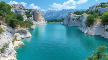 Turquoise Lake Nestled Between Majestic White Cliffs and Mountains