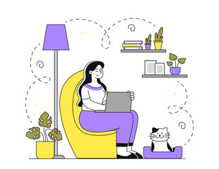 Woman work at home. Young girl with laptop working from home. Freelancer and remote worker earn money on Internet. Student with remote education. Linear vector illustration