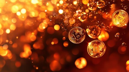 Glimmering Bitcoin Coins Surrounded by Bubbles and Shimmering Lights in Golden Background