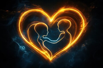 Fiery heart, children embrace, smoky background, love concept