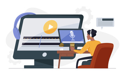 Woman radio presenter. Young woman wearing headphones with microphone sits at computer. Radio presenter on air. Broadcasting and podcasting, streaming. Flat vector illustration