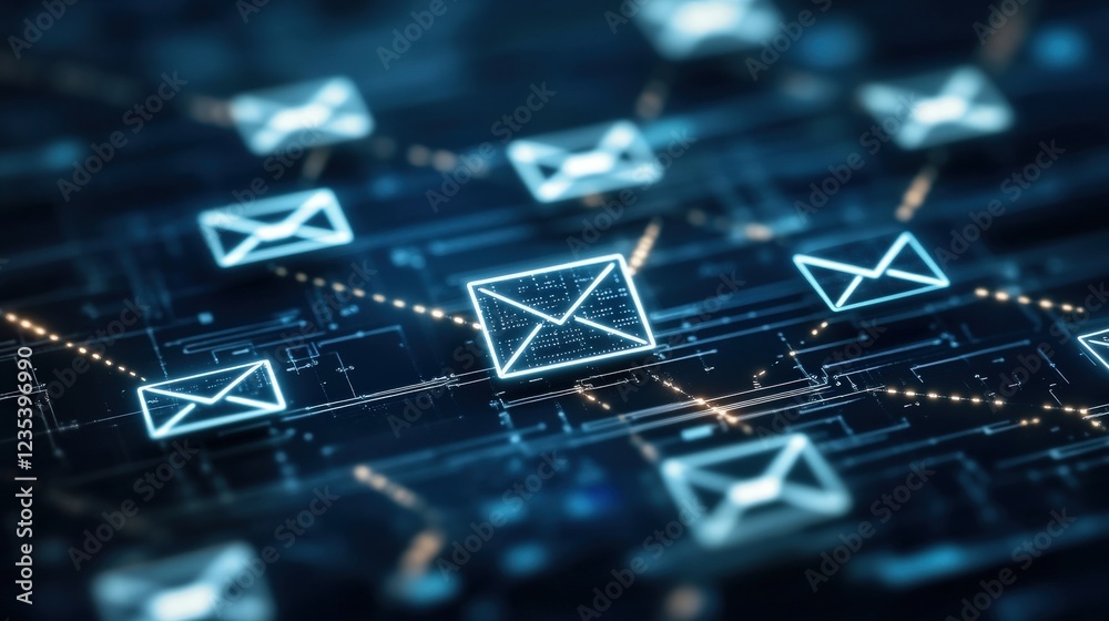 Poster digital network of email icons with bright connections and nodes
