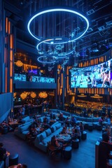 Luxurious lounge, vibrant nightlife, city, large screen, people socializing