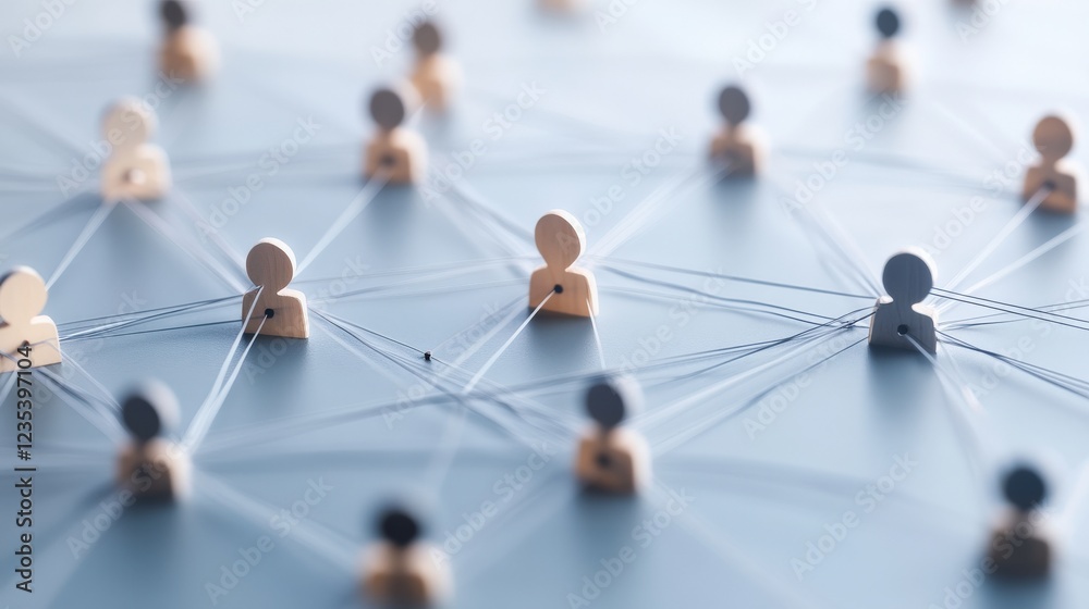 Aufkleber Networking connections with wooden figures and strings on blue background