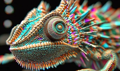 Obraz premium Colorful chameleon close-up on dark background, vibrant, detailed texture, ideal for nature or abstract projects