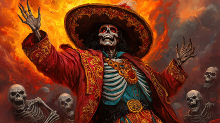 Obraz premium A skeletal figure in a vibrant sombrero and ornate robe stands amidst shadows, invoking a sense of celebration and mystery, surrounded by other skeletons.