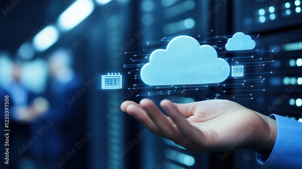 Poster hand reaching for cloud symbol representing data storage technology