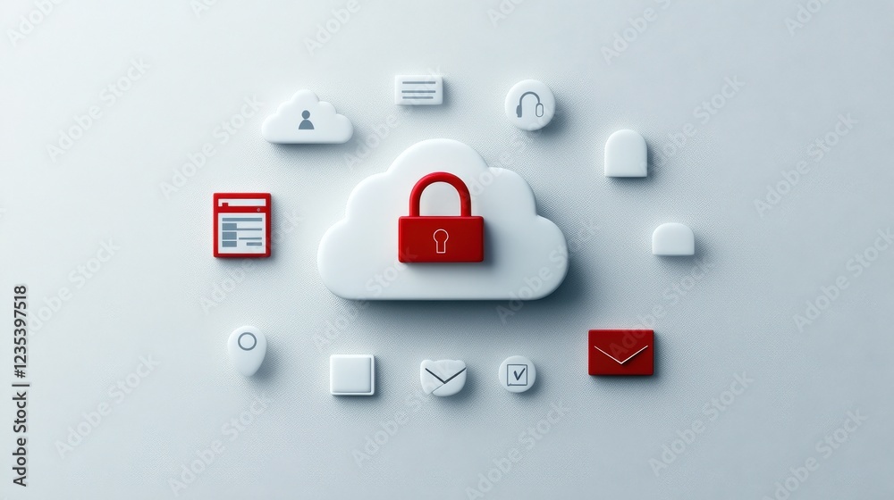 Poster Cloud Storage Security Icon with Lock and Related Symbols