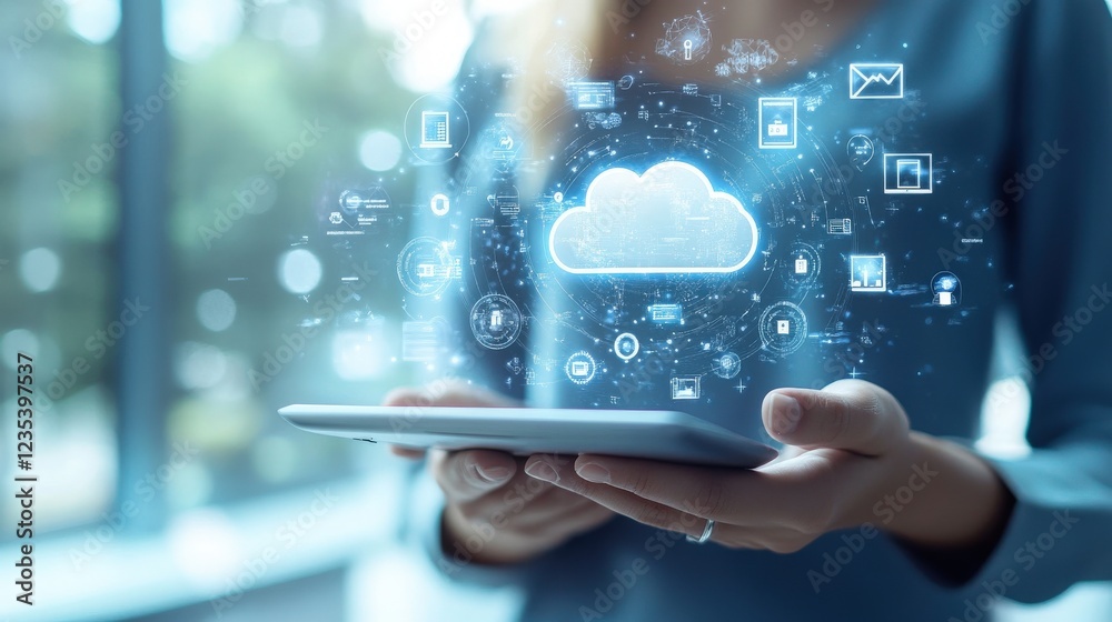 Poster Cloud Computing Concept with Digital Icons and Tablet Interaction
