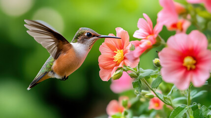 Fototapeta premium Adonis garden, A vibrant image of a hummingbird hovering over an Adonis flower, showcasing nature's beauty and detail.