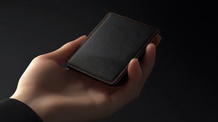A hand holding a sleek black wallet against a dark background.