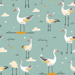 Obraz premium A blue and white pattern of birds with long legs and necks