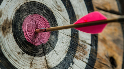 Close-up of the center of a pink, black and white target with an arrow in the center