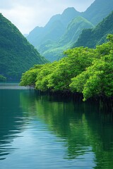 Fototapeta premium Lush green mangroves reflect in tranquil water beneath mountainous landscape