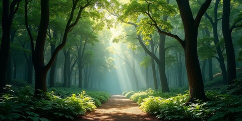 Obraz premium A serene forest scene with a dirt path and lush greenery