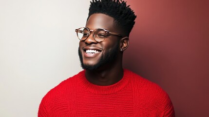 Obraz premium Stylish Young Man Smiling in Bright Red Sweater with Glasses Against Gradient Background