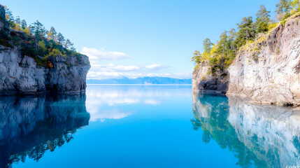 Fototapeta premium Calm lake, rocky shores, mountain backdrop, autumn foliage, nature travel