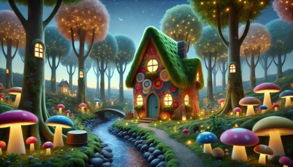 Naklejka premium Whimsical fairytale cottage nestled in an enchanted forest at twilight