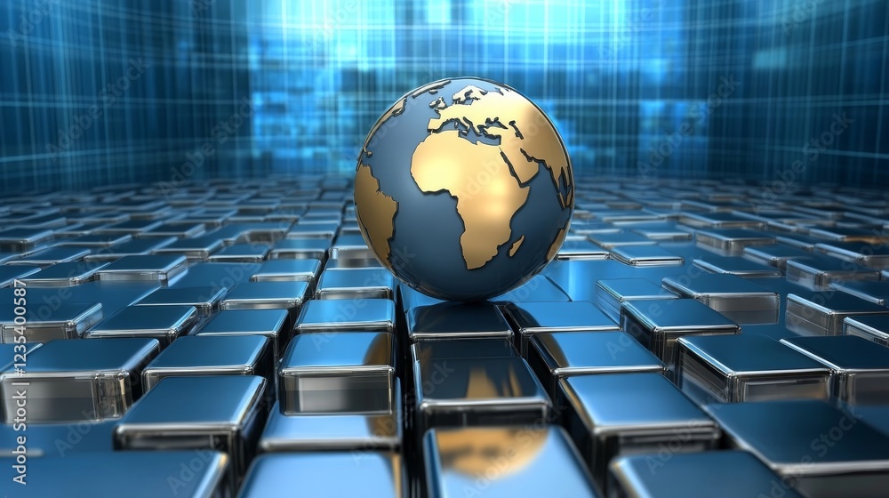 Poster global network and digital technology: a 3d render of a metallic globe on a grid