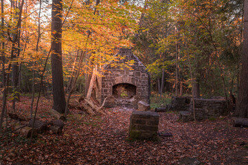 Autumn view of a small opening in a dense forest with green, yellow, red, and brown leaves with the remains of an old fireplace stove made of stone bricks.