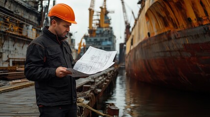 Construction Worker in Safety Helmet Examining Blueprints at Shipyard Amidst Rusty Ship and Industrial Equipment