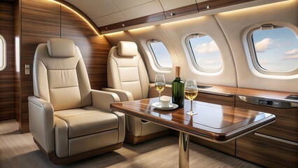 Sleek, high-end airplane cabin interior with polished wood accents and luxurious seating, featuring a chilled champagne bottle on the armrest, airplane cabin, first class