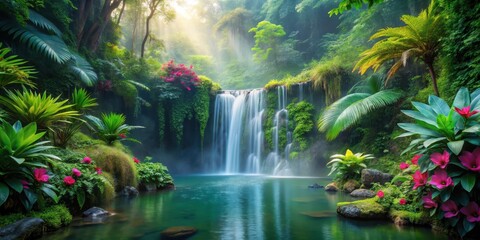 Serene Waterfall Oasis in Lush Greenery, exotic flowers, misty atmosphere,  exotic flowers