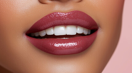 Fototapeta premium A close-up of perfectly shaped lips in deep red glossy lipstick, revealing white teeth and smooth skin texture.