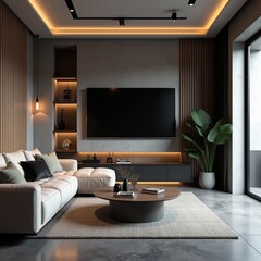 Modern living room with white couch, flat-screen TV, and wooden coffee table