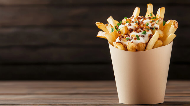 A delicious serving of classic Canadian poutine, topped with melted cheese curds, gravy, and fresh herbs in a paper cup.