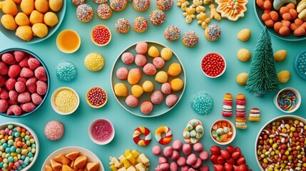 Assortment of Colorful Candies and Sweets on a Blue Background