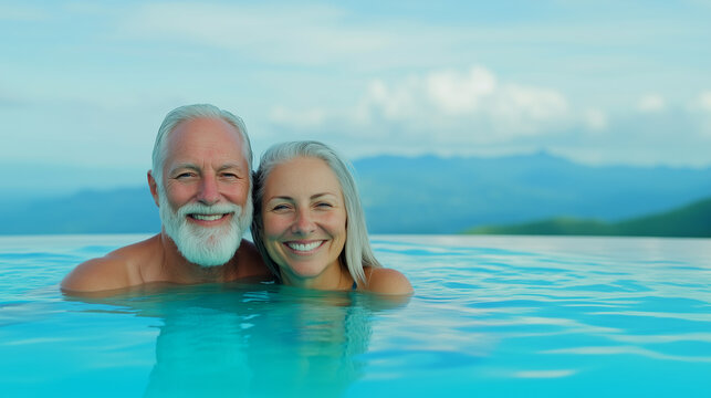 A happy senior couple enjoying a swim in an infinity pool with stunning mountain views in the background. - Powered by Adobe