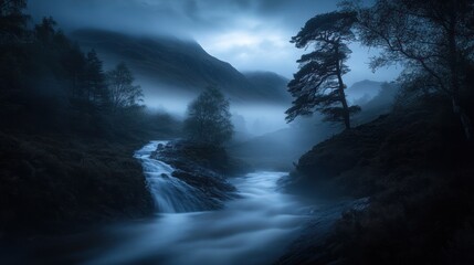 Obraz premium Misty mountain stream at twilight, Scotland