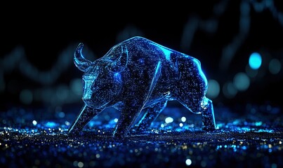 Holographic bull charging on digital ground with market data background, ideal for fintech