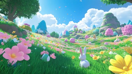 A Bunny in a Springtime Meadow with Easter Eggs and Flowers