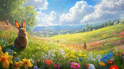 A Brown Rabbit in a Field of Colorful Flowers with Easter Eggs