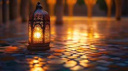 A Glowing Ornamental Lantern on a Mosaic Floor