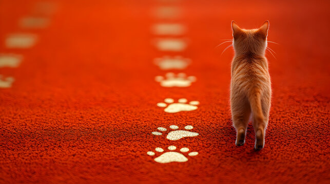 Ginger Kitten Following Paw Prints on Red Carpet -  Illustration - Powered by Adobe