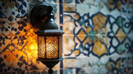 Ornate Black Lantern Against Colorful Tile Background