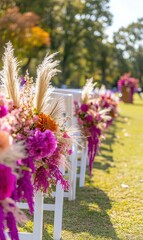 Obraz premium Outdoor wedding ceremony setup with floral aisle decorations on white chairs in a park