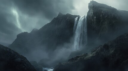 Dramatic waterfall amidst stormy mountains; nature backdrop