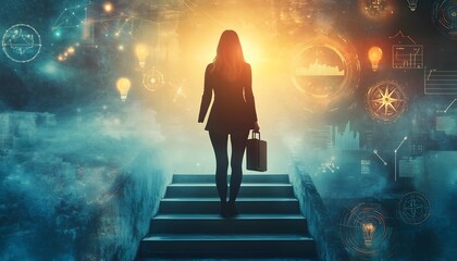 Woman Ascending Stairs Towards Bright Future Success