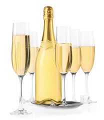 Bottle and glasses of champagne with ice cubes isolated on white