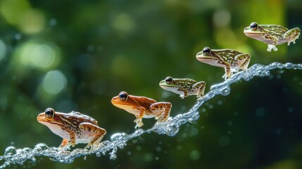 Four Frogs Leaping Over a Stream of Water Bubbles
