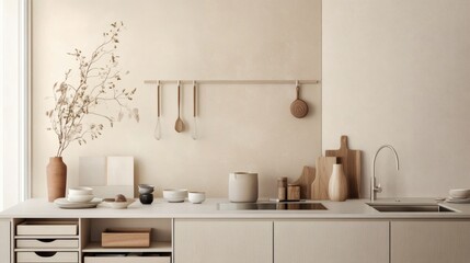 Fototapeta premium Minimalist Beige Kitchen Interior Design with Wooden Accents