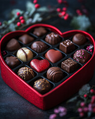 Valentine’s Day Chocolates Arranged in a Red Heart-Shaped Box, Symbolizing Love and Sweetness in a Classic Romantic Gift Presentation for the Special Occasion
