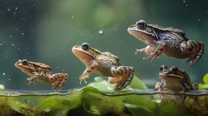 Four Frogs Leaping from a Pond with Green Algae