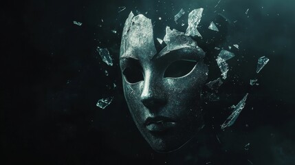 A dramatic, cinematic shot of a crystal mask breaking, its shards floating weightlessly in dark space, the edges glowing faintly under the dark, moody lighting. 
