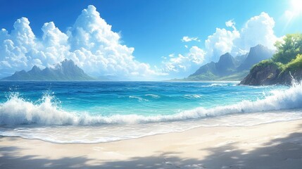 Tropical Beach Scene with Blue Ocean Waves and White Sand